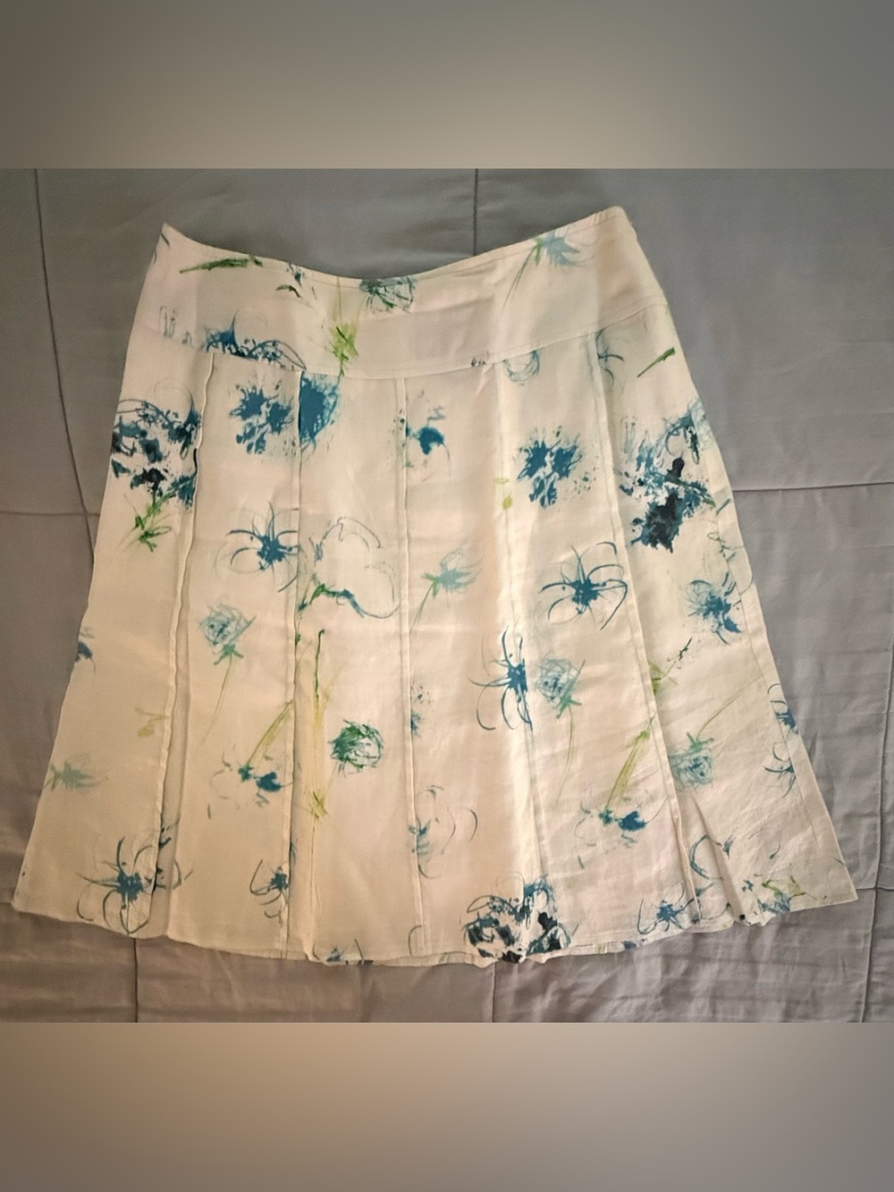 Ann Taylor White Lined Linen Skirt with Blue & Green Abstract Print